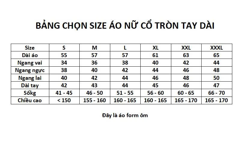 bản chọn size áo nữ cổ tròn tay dài