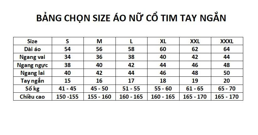 bảng chọn size áo nữ cổ tim tay dài